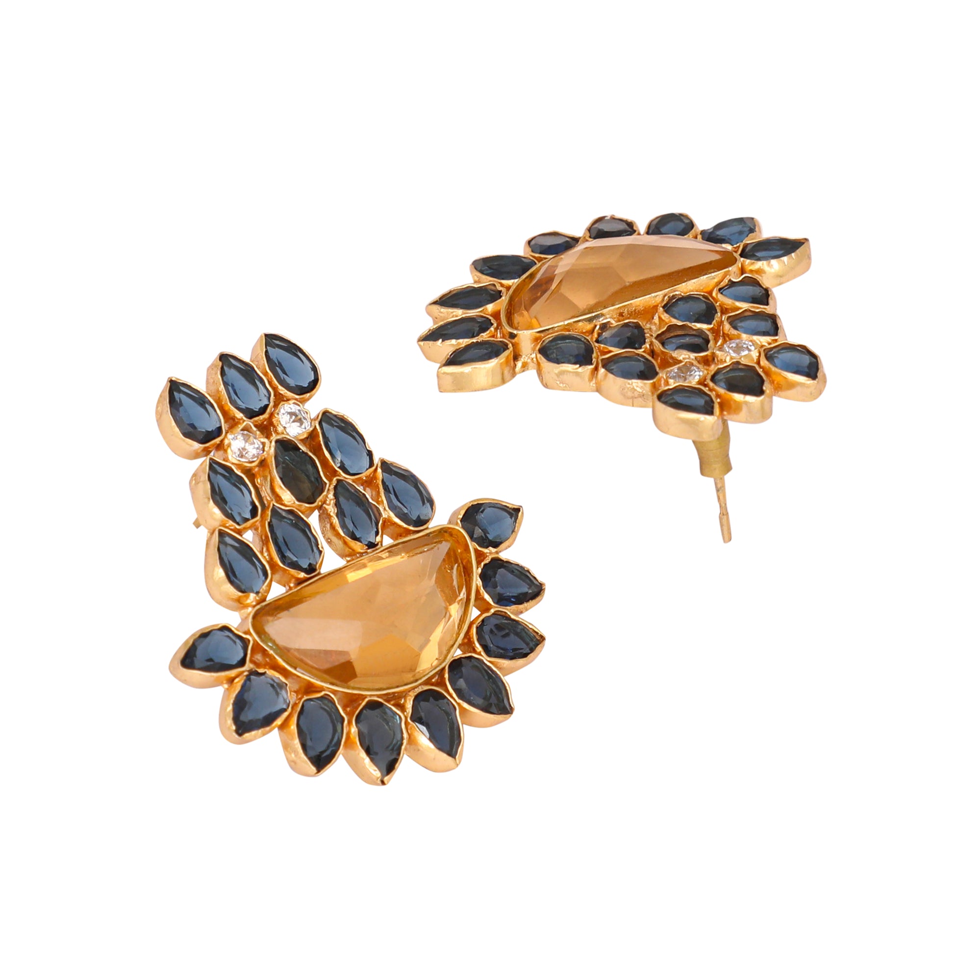 22K Gold Plated Crystal Studded Contemporary Floral Shaped Stud Earrings
