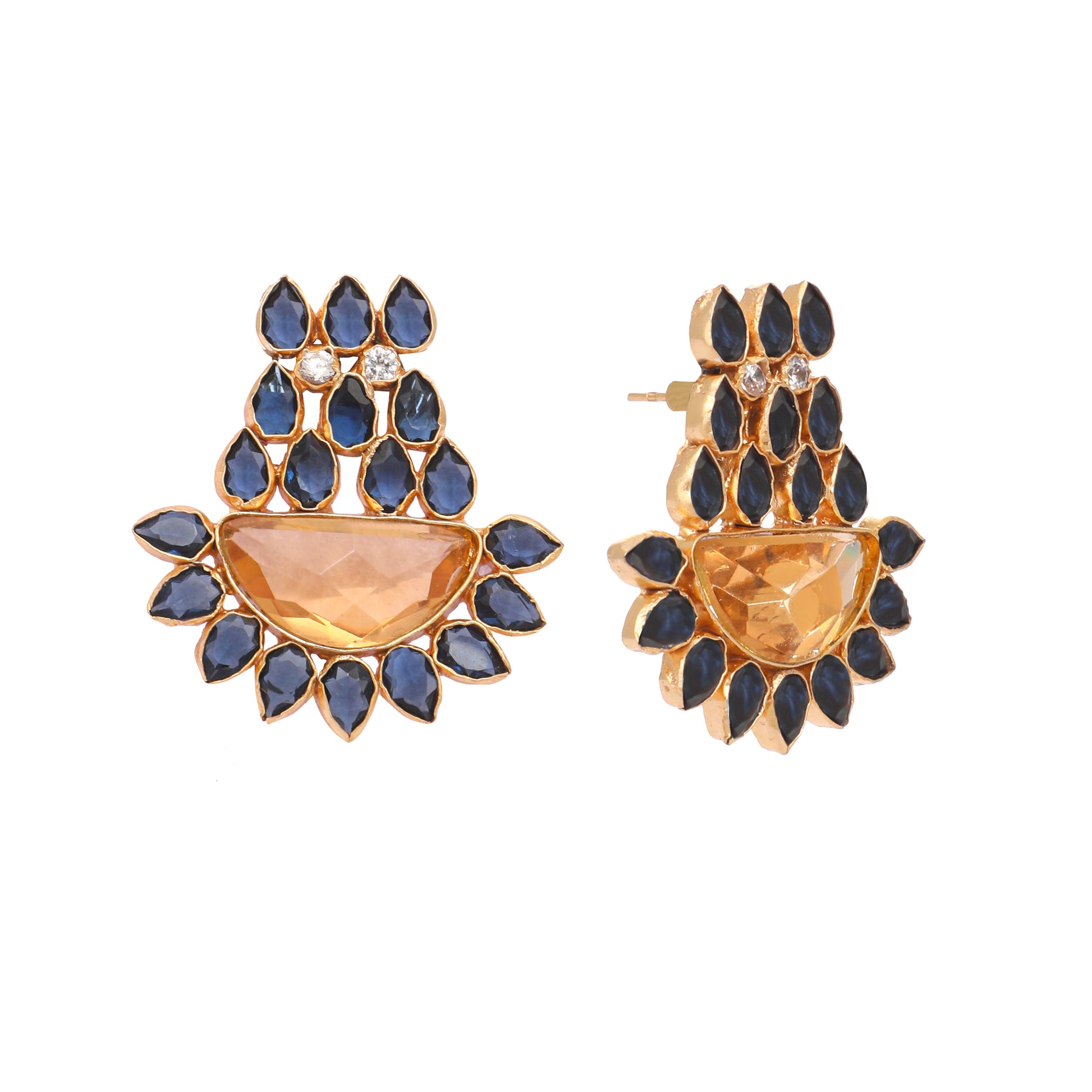 22K Gold Plated Crystal Studded Contemporary Floral Shaped Stud Earrings