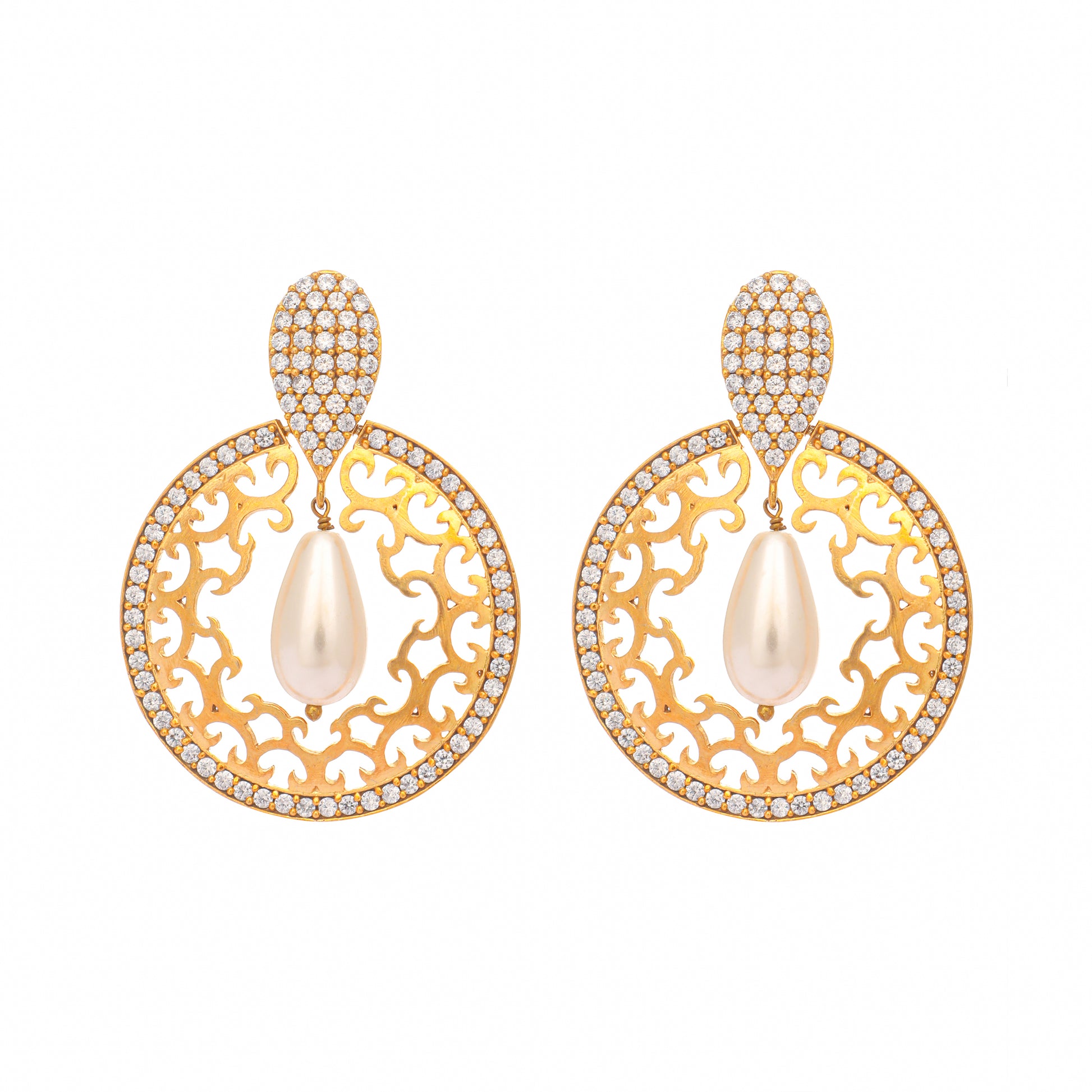 22K Gold Plated Cubic Zirconia Studded Contemporary Moon Shaped Pearl Drop Chandbalis