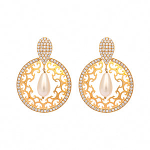 22K Gold Plated Cubic Zirconia Studded Contemporary Moon Shaped Pearl Drop Chandbalis