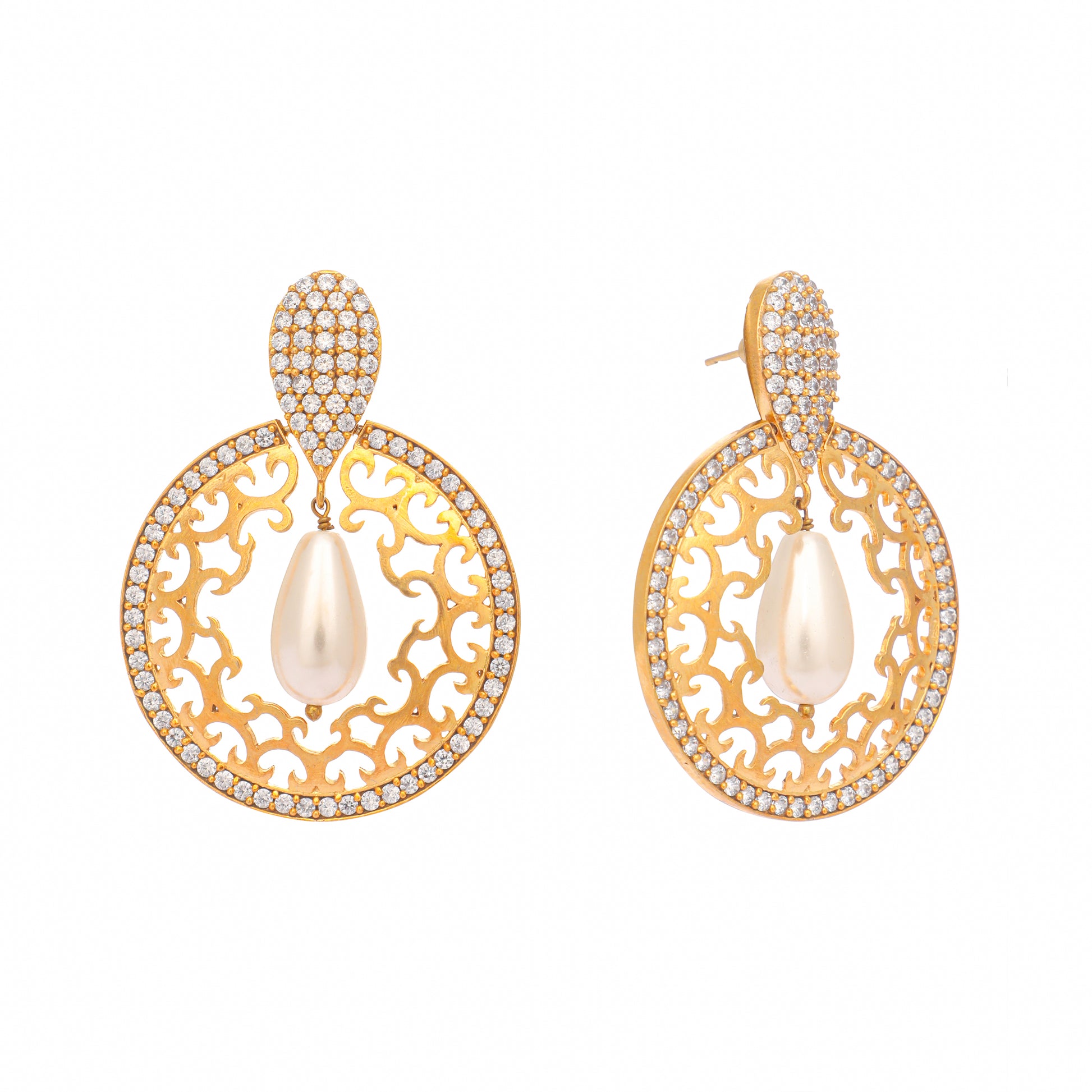 22K Gold Plated Cubic Zirconia Studded Contemporary Moon Shaped Pearl Drop Chandbalis
