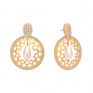 22K Gold Plated Cubic Zirconia Studded Contemporary Moon Shaped Pearl Drop Chandbalis