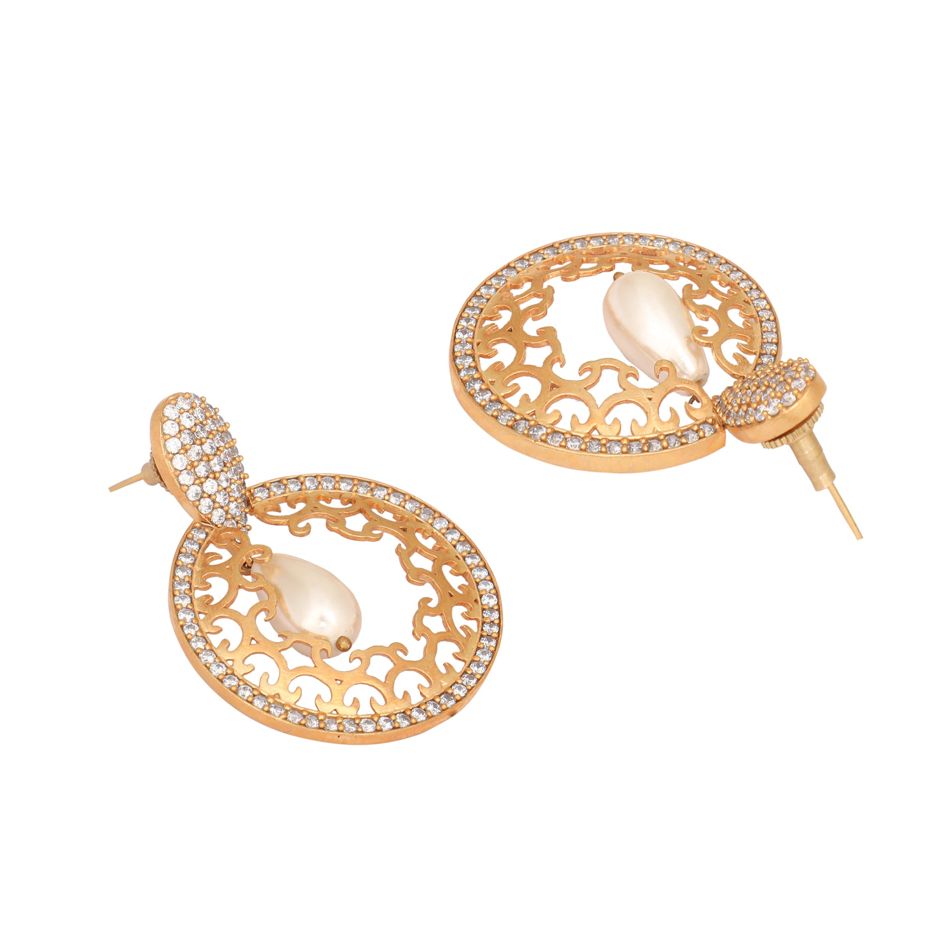 22K Gold Plated Cubic Zirconia Studded Contemporary Moon Shaped Pearl Drop Chandbalis