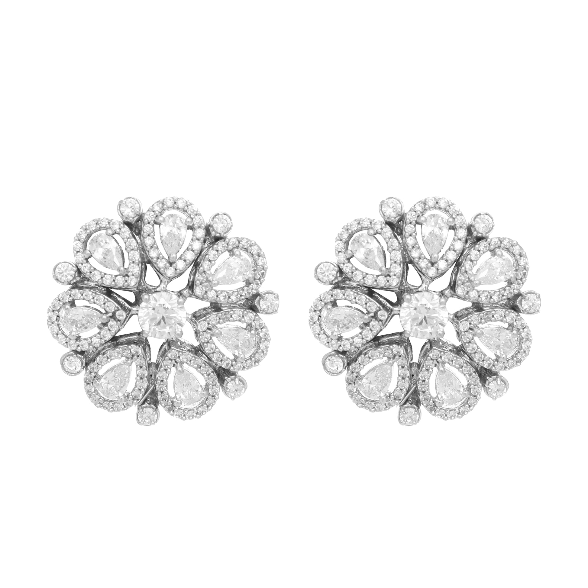 Rhodium-Plated Zircon Studded Floral Statement Stud Earrings