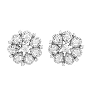 Rhodium-Plated Zircon Studded Floral Statement Stud Earrings