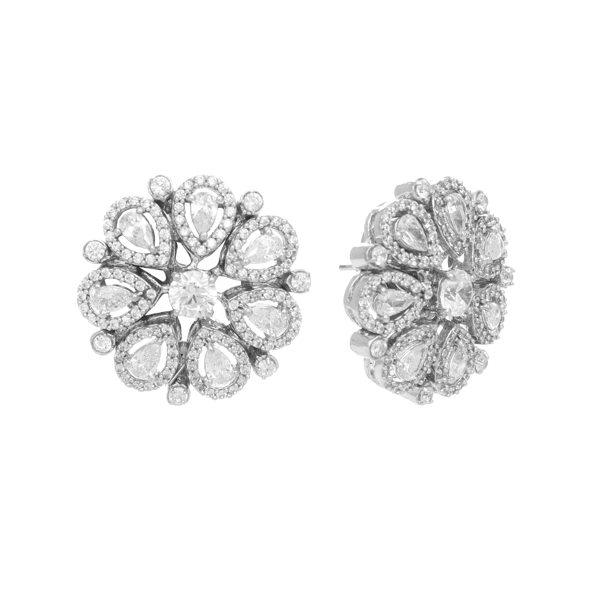 Rhodium-Plated Zircon Studded Floral Statement Stud Earrings