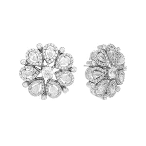 Rhodium-Plated Zircon Studded Floral Statement Stud Earrings