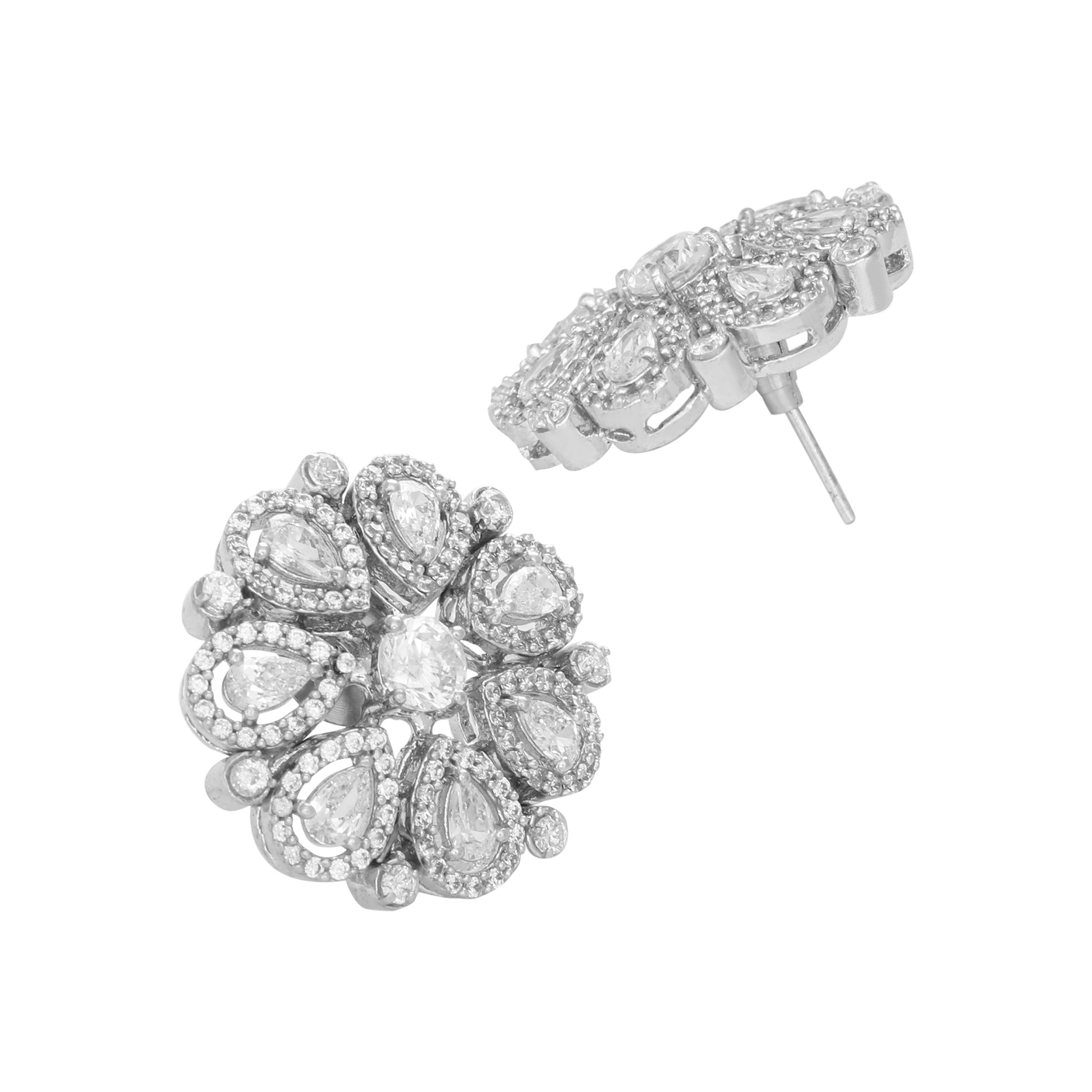 Rhodium-Plated Zircon Studded Floral Statement Stud Earrings