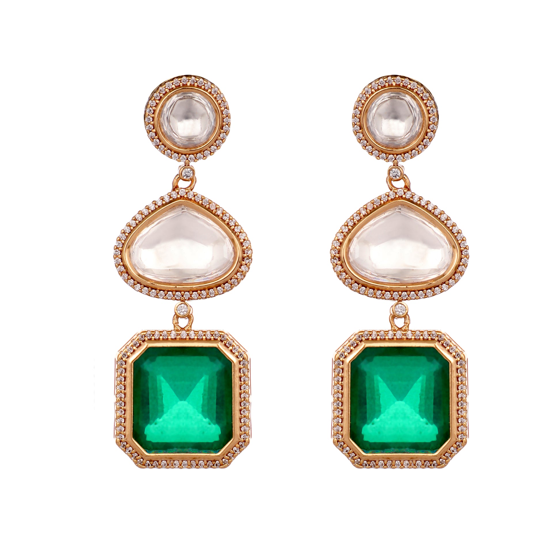 22K Gold-Plated Faux Emerald Stone & Kundan Studded Contemporary Triple Layer Drop Earrings