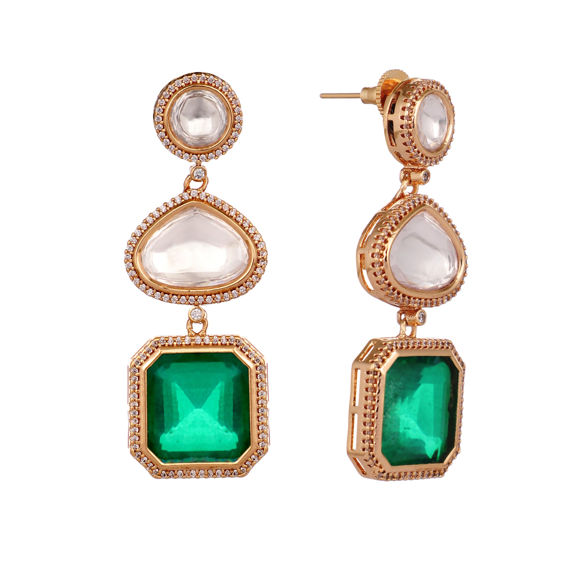 22K Gold-Plated Faux Emerald Stone & Kundan Studded Contemporary Triple Layer Drop Earrings