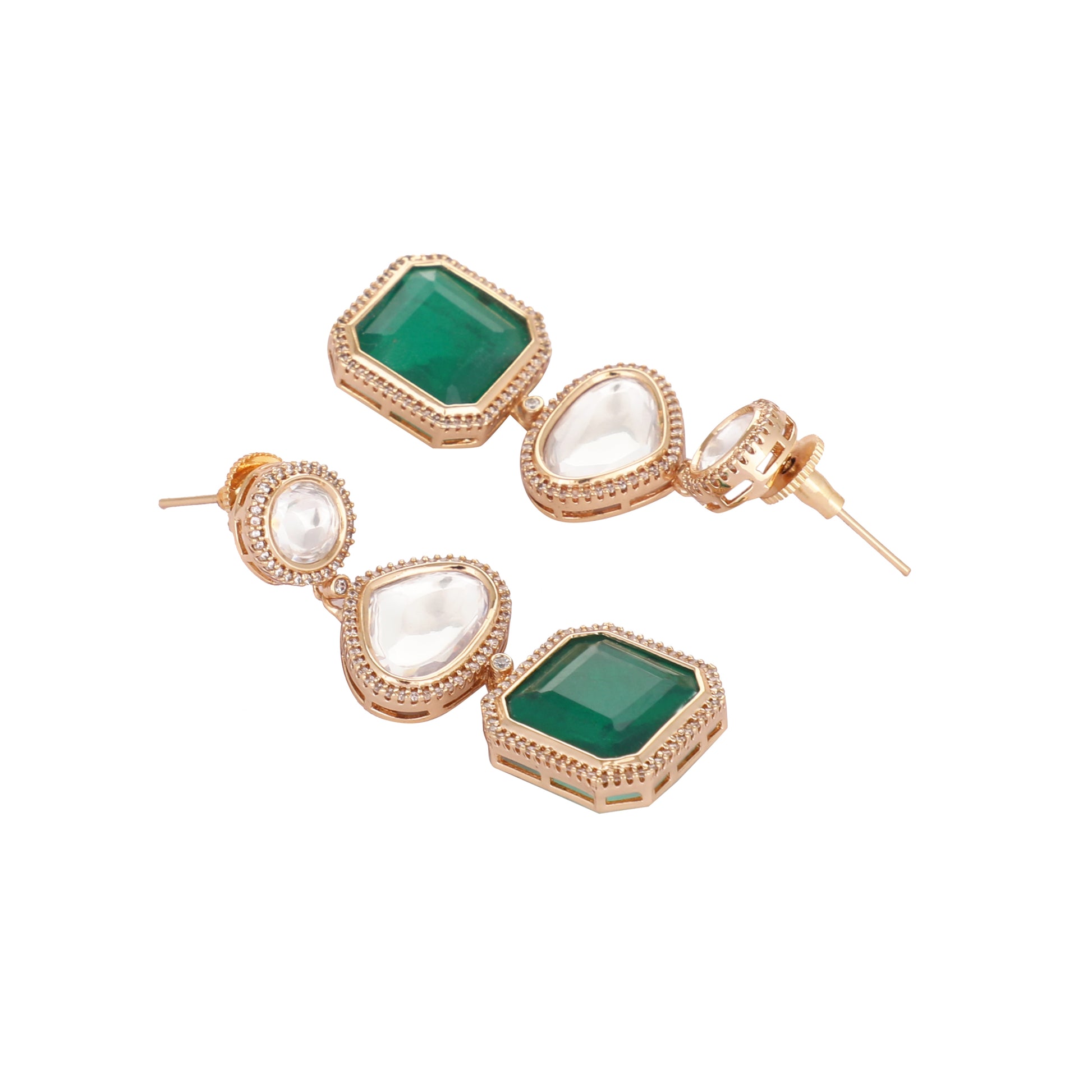 22K Gold-Plated Faux Emerald Stone & Kundan Studded Contemporary Triple Layer Drop Earrings
