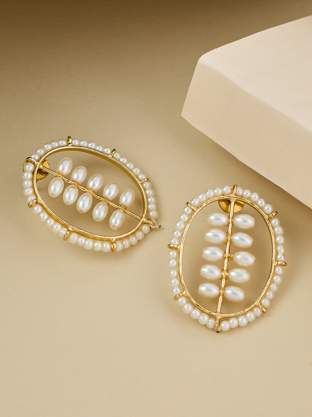 22K Gold Plated Pearl Studded Oval Shaped Stud Earrings