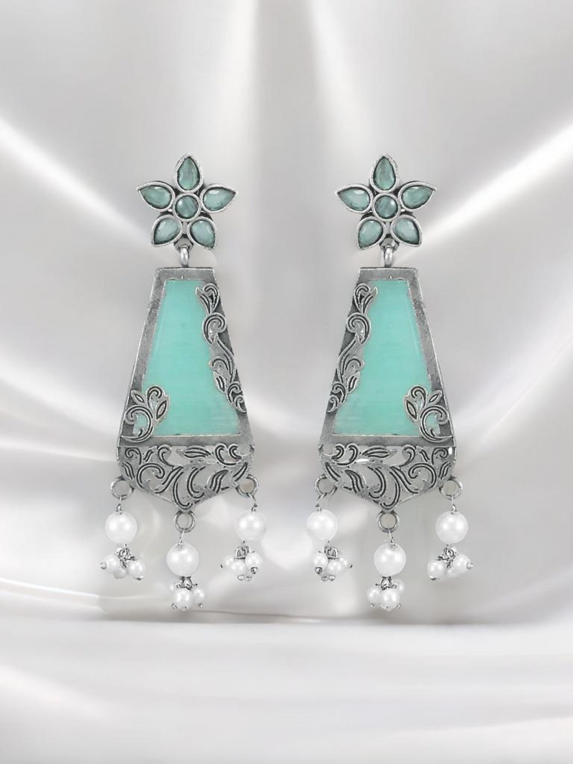 Silver-Oxidised Blue Stone Studded & Pearl Beaded Floral Motif Dangler Earrings