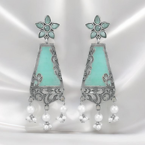 Silver-Oxidised Blue Stone Studded & Pearl Beaded Floral Motif Dangler Earrings