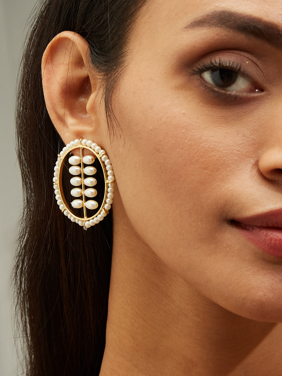 22K Gold Plated Pearl Studded Oval Shaped Stud Earrings