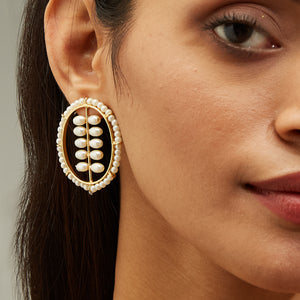 22K Gold Plated Pearl Studded Oval Shaped Stud Earrings