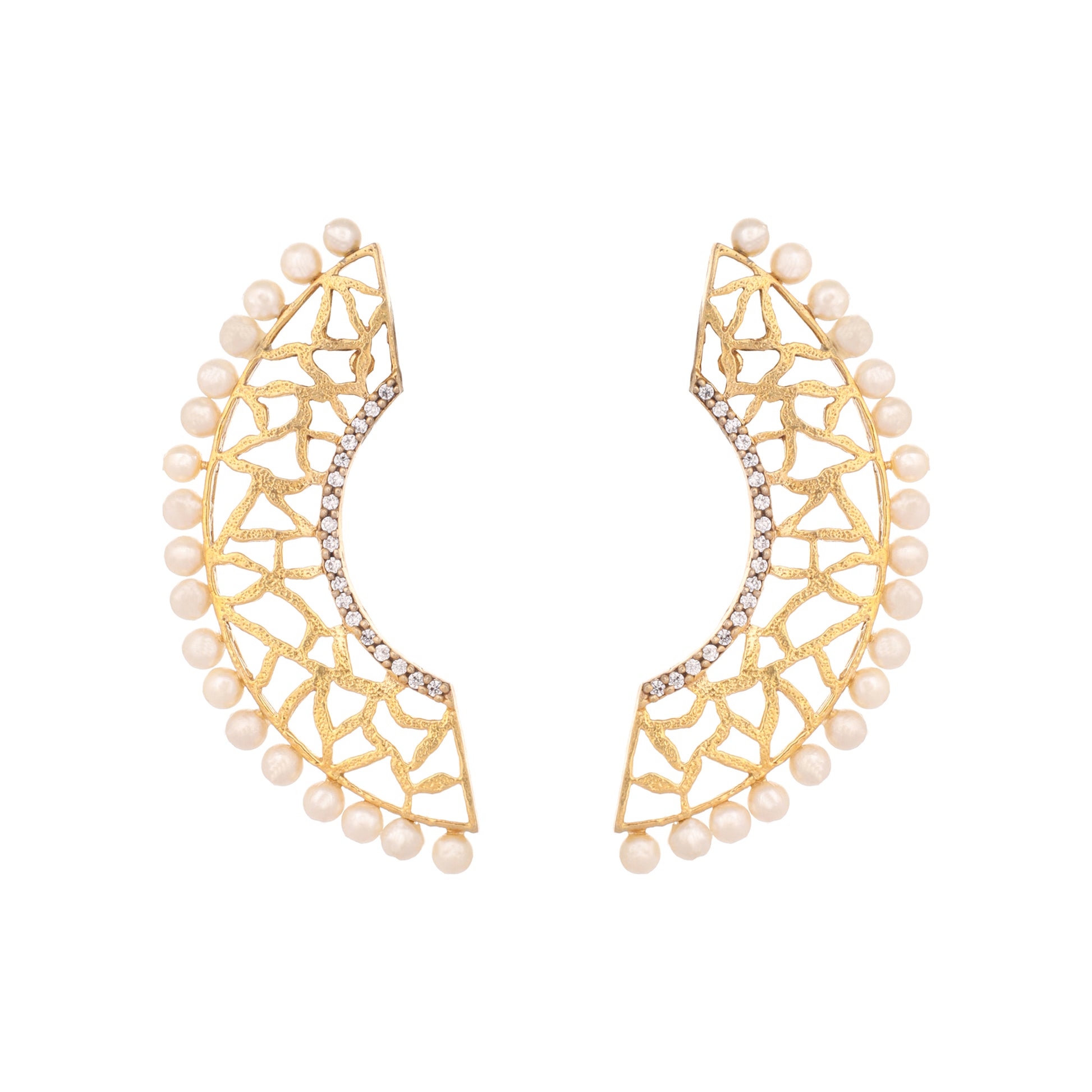 22K Gold-Plated Zircon Studded & Pearl Beaded Contemporary Shaped Statement Stud Earrings