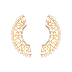 22K Gold-Plated Zircon Studded & Pearl Beaded Contemporary Shaped Statement Stud Earrings