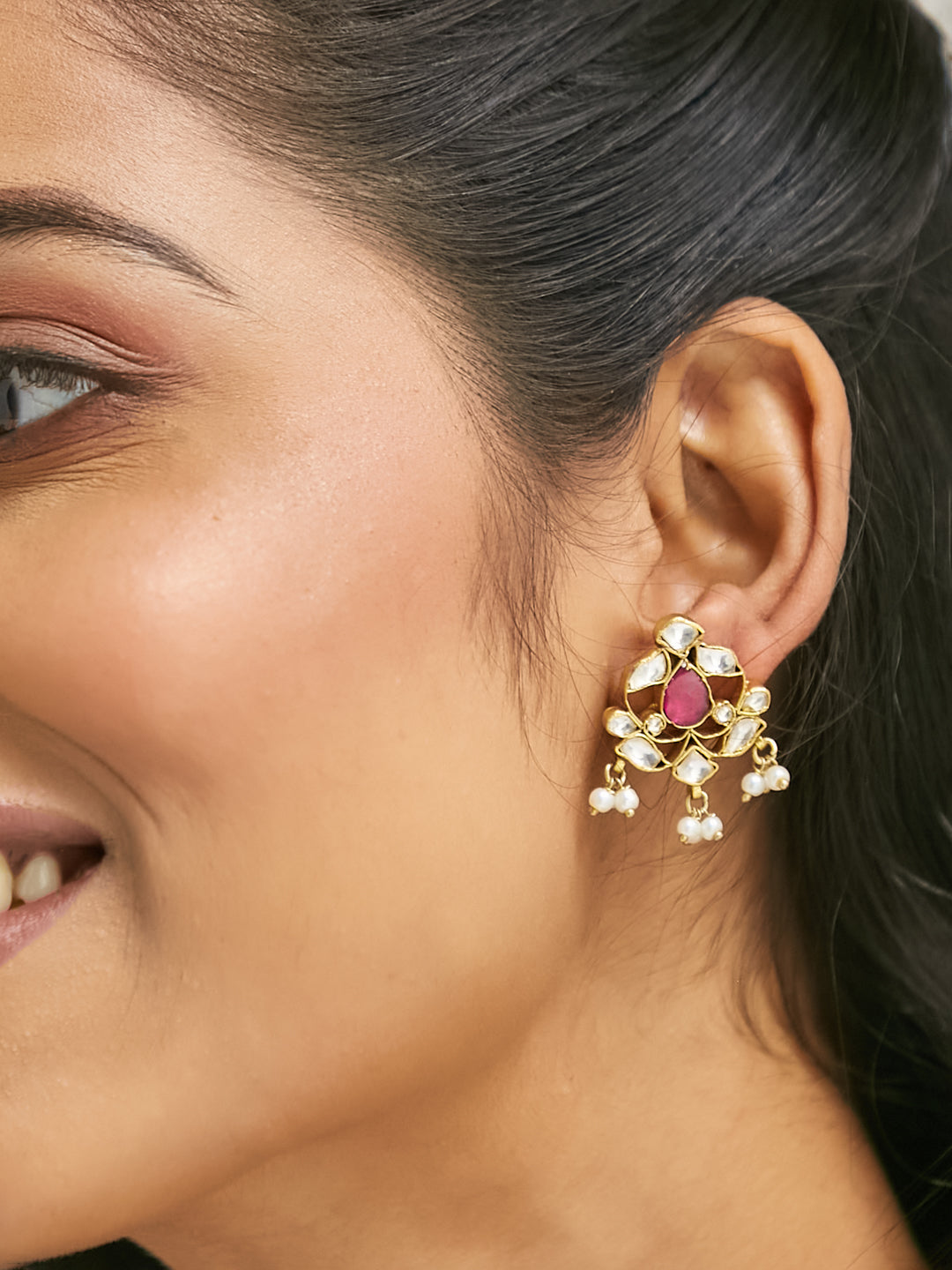 22K Gold-Plated Elegant Kundan & Ruby Stone Studded & Beaded Studs