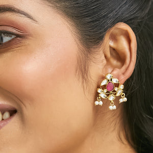 22K Gold-Plated Elegant Kundan & Ruby Stone Studded & Beaded Studs