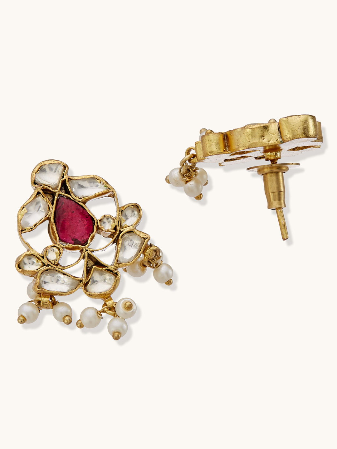 22K Gold-Plated Elegant Kundan & Ruby Stone Studded & Beaded Studs