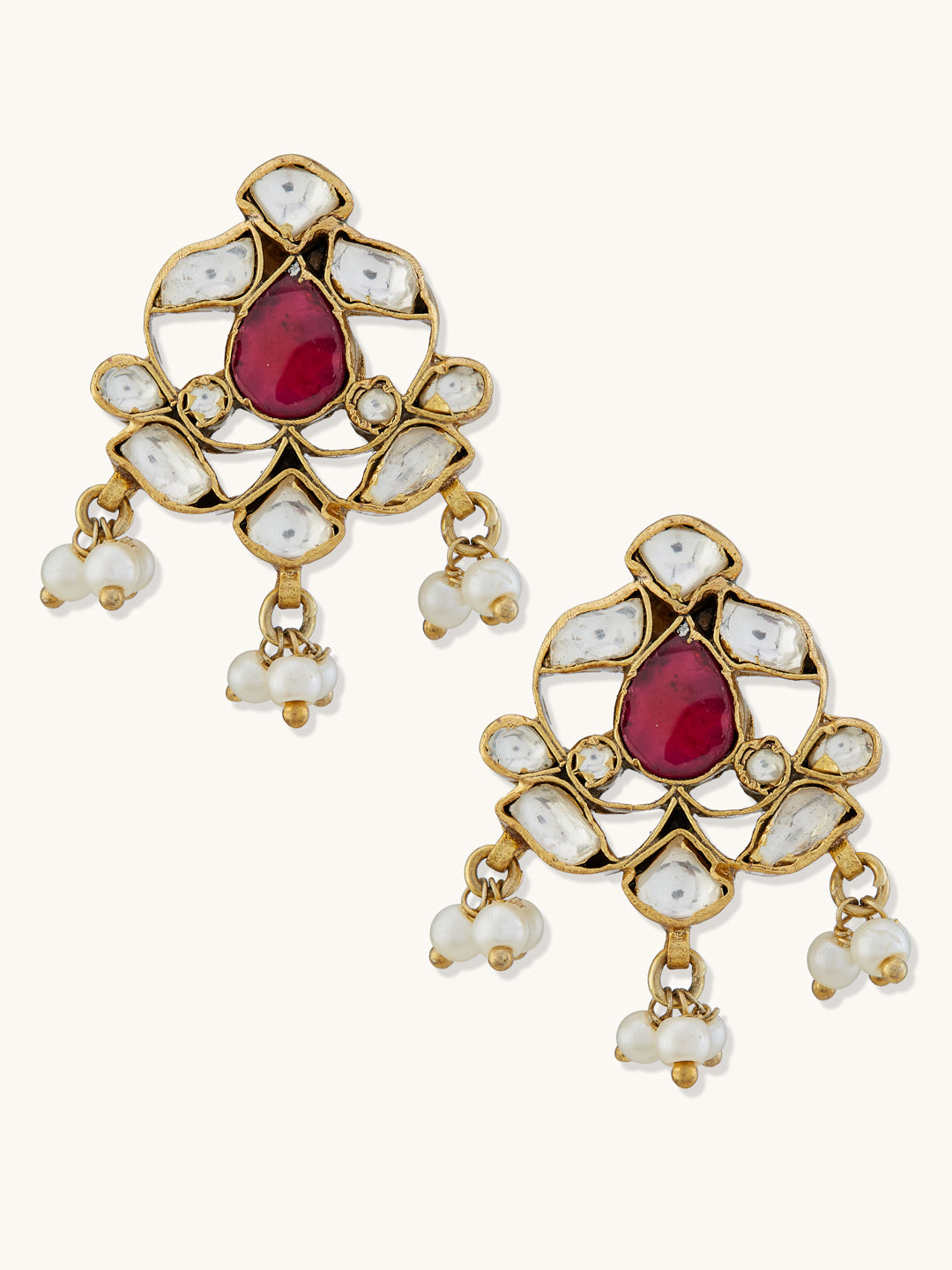 22K Gold-Plated Elegant Kundan & Ruby Stone Studded & Beaded Studs