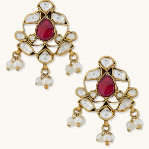 22K Gold-Plated Elegant Kundan & Ruby Stone Studded & Beaded Studs