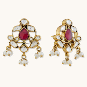 22K Gold-Plated Elegant Kundan & Ruby Stone Studded & Beaded Studs