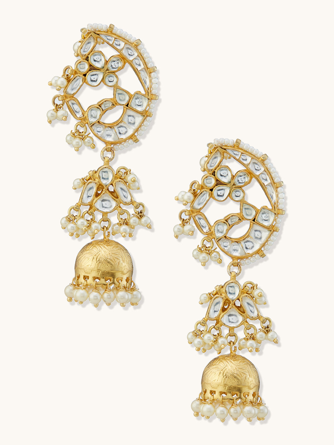 22K Gold-Plated Elegant Kundan Stone Studded & Pearl Drops Mini Jhumki Dangler Earrings