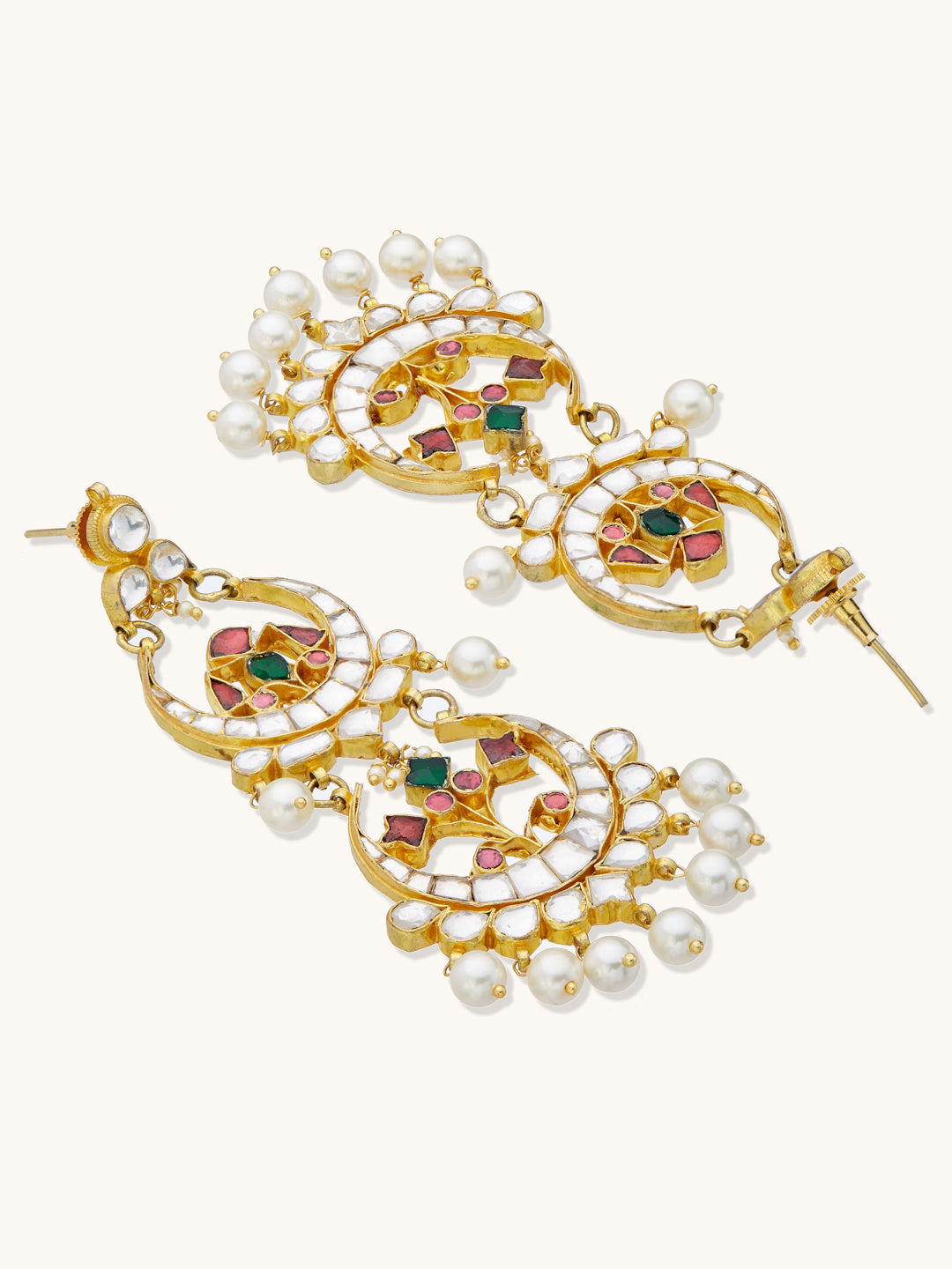 22K Gold-Plated Kundan Stone Studded & Pearl Beaded Layered Chandbalis