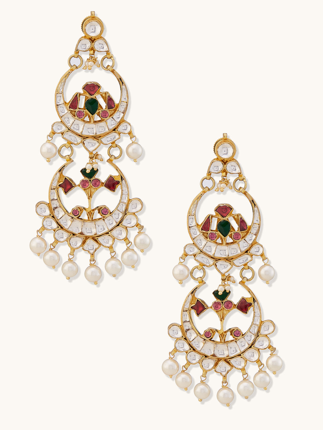 22K Gold-Plated Kundan Stone Studded & Pearl Beaded Layered Chandbalis