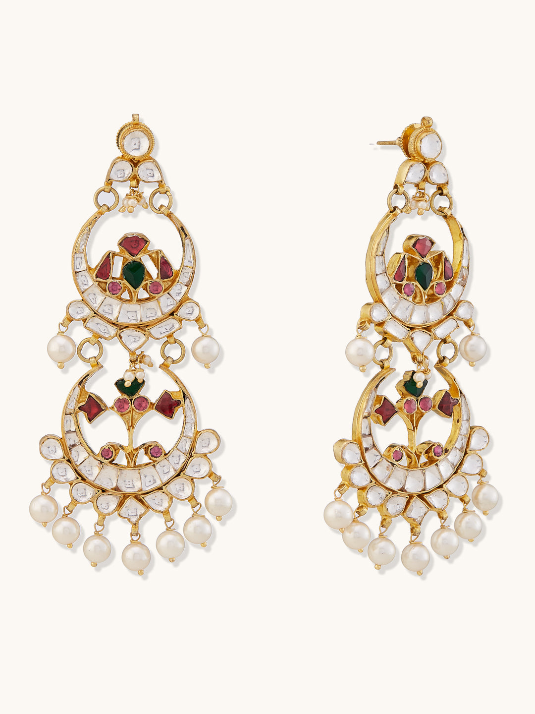 22K Gold-Plated Kundan Stone Studded & Pearl Beaded Layered Chandbalis