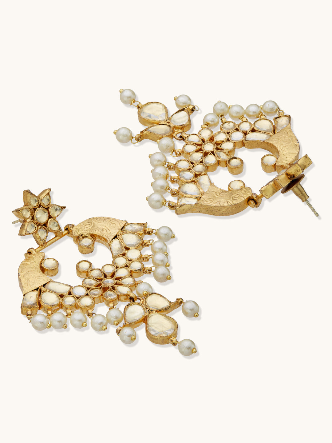 22K Gold-Plated Kundan and Pearl Earrings with Floral Stud and Intricate Crescent Design Chandbalis