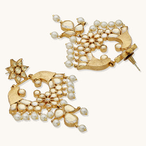 22K Gold-Plated Kundan and Pearl Earrings with Floral Stud and Intricate Crescent Design Chandbalis
