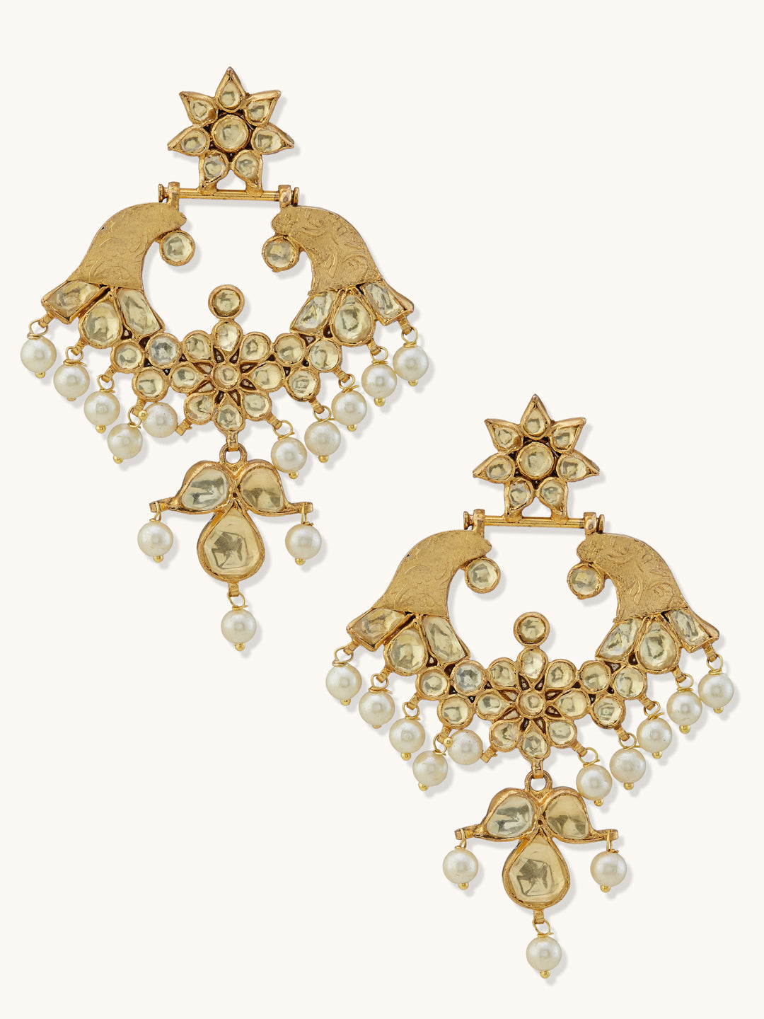 22K Gold-Plated Kundan and Pearl Earrings with Floral Stud and Intricate Crescent Design Chandbalis