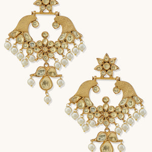 22K Gold-Plated Kundan and Pearl Earrings with Floral Stud and Intricate Crescent Design Chandbalis