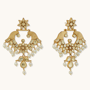 22K Gold-Plated Kundan and Pearl Earrings with Floral Stud and Intricate Crescent Design Chandbalis