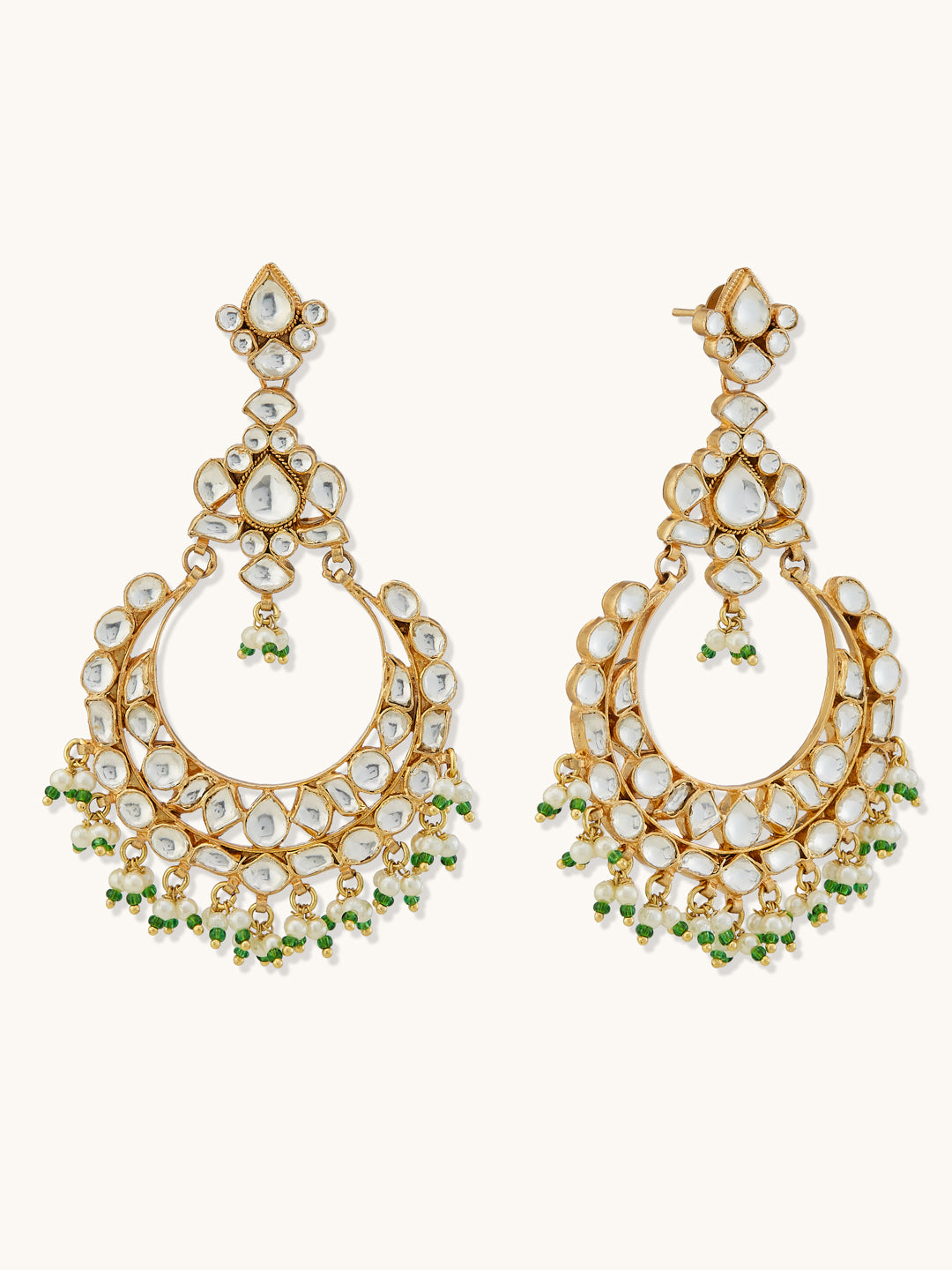 22K Gold-Plated Elegant Kundan Studded & Beaded Floral Chandbali Earrings