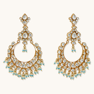 22K Gold-Plated Kundan Stone Studded & Pearl Beaded Chandbalis