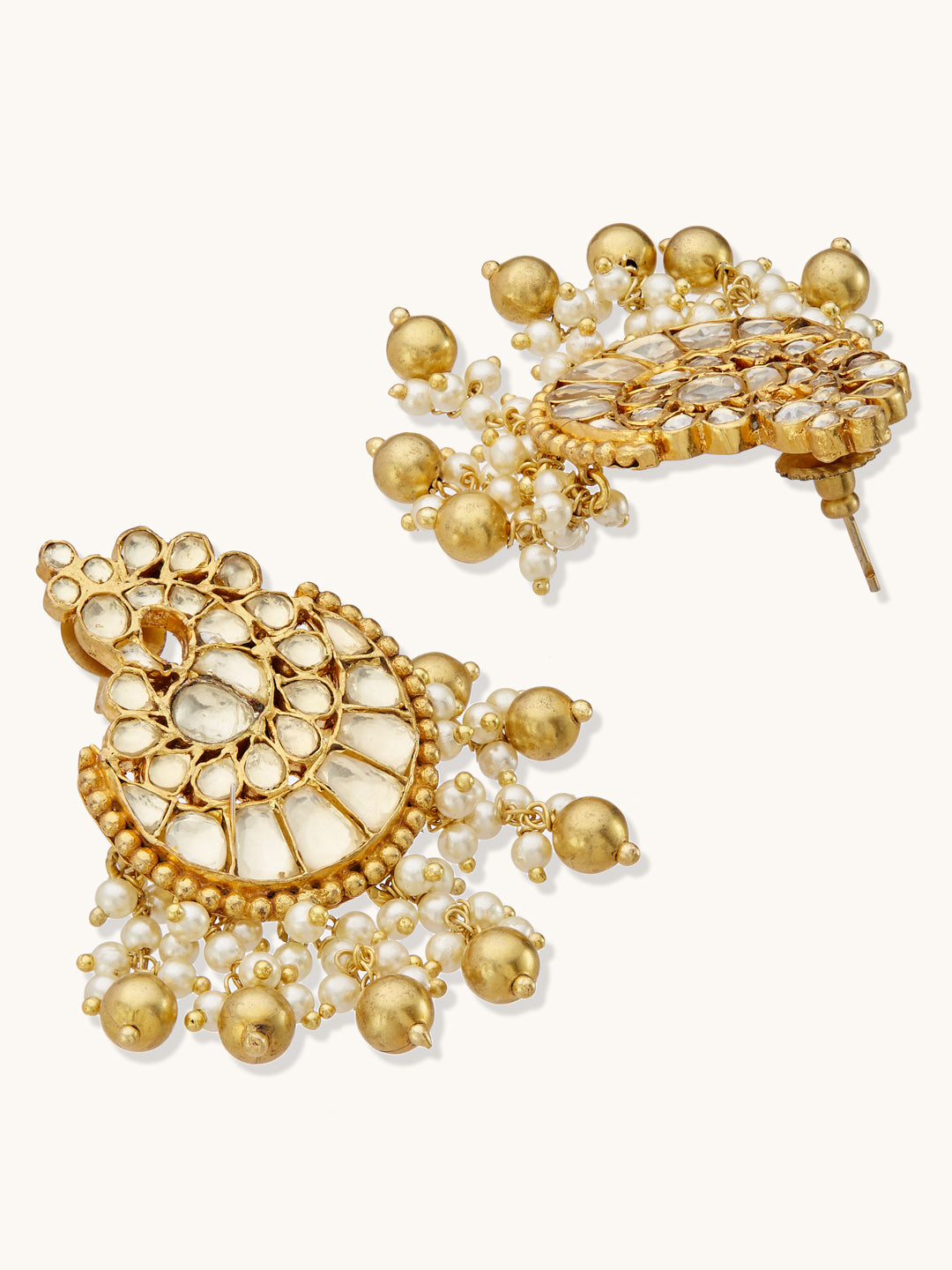 22K Gold-Plated Kundan Stone Studded & Pearl Drop Beaded Crescent Shaped Chandbalis