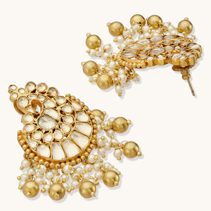 22K Gold-Plated Kundan Stone Studded & Pearl Drop Beaded Crescent Shaped Chandbalis