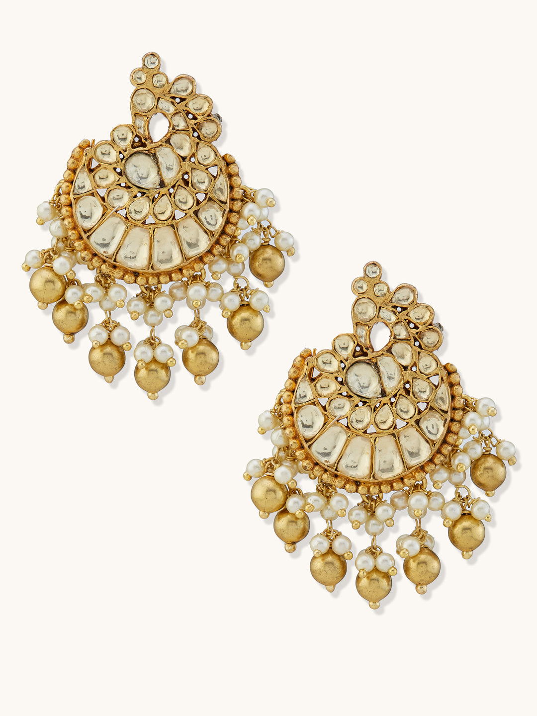 22K Gold-Plated Kundan Stone Studded & Pearl Drop Beaded Crescent Shaped Chandbalis