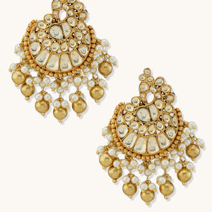 22K Gold-Plated Kundan Stone Studded & Pearl Drop Beaded Crescent Shaped Chandbalis