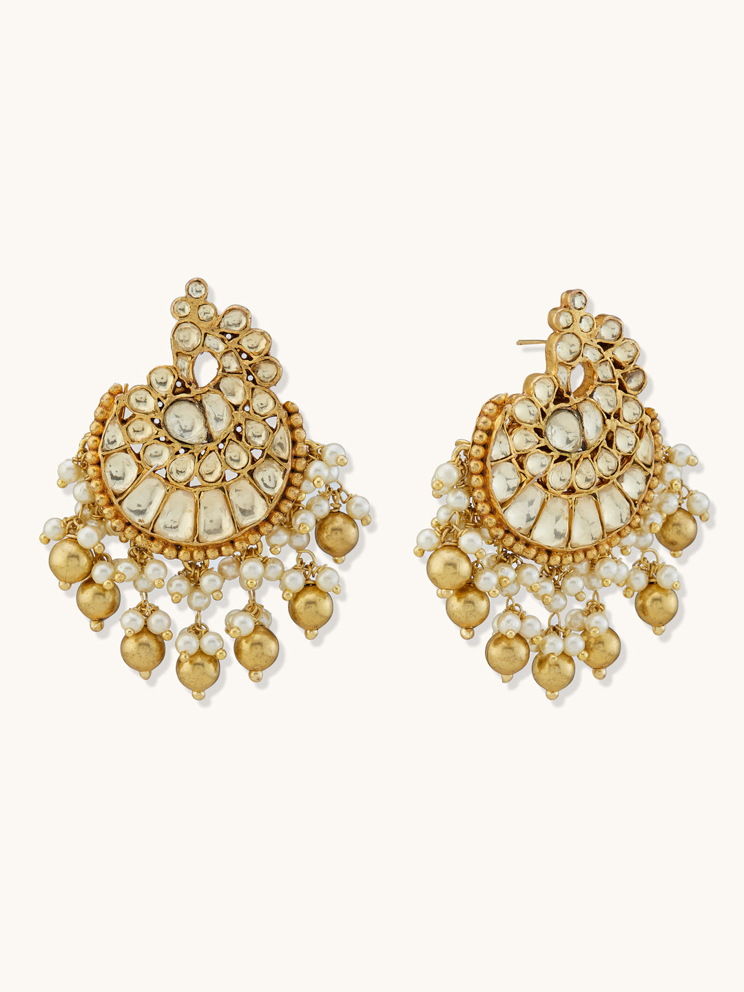 22K Gold-Plated Kundan Stone Studded & Pearl Drop Beaded Crescent Shaped Chandbalis