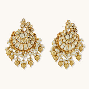 22K Gold-Plated Kundan Stone Studded & Pearl Drop Beaded Crescent Shaped Chandbalis