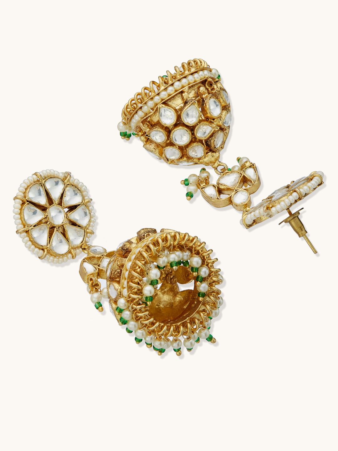 22K Gold-Plated Kundan Stone Studded & Pearl Beaded Dome Shaped Jhumkas