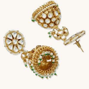 22K Gold-Plated Kundan Stone Studded & Pearl Beaded Dome Shaped Jhumkas