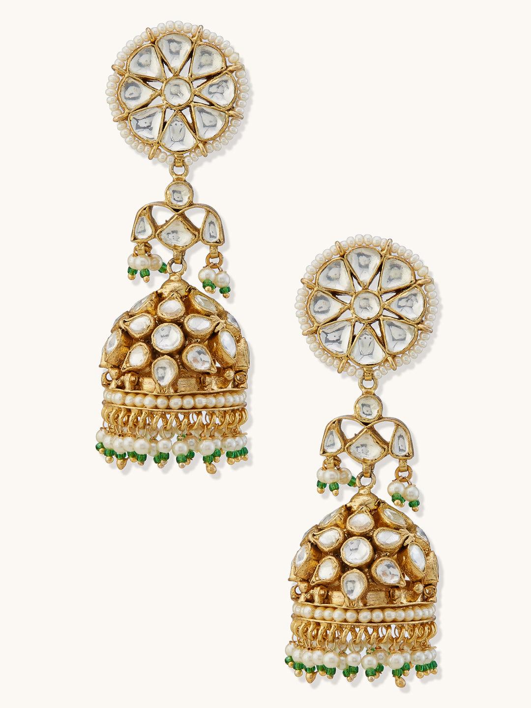 22K Gold-Plated Kundan Stone Studded & Pearl Beaded Dome Shaped Jhumkas