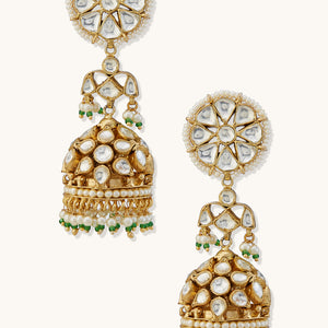 22K Gold-Plated Kundan Stone Studded & Pearl Beaded Dome Shaped Jhumkas