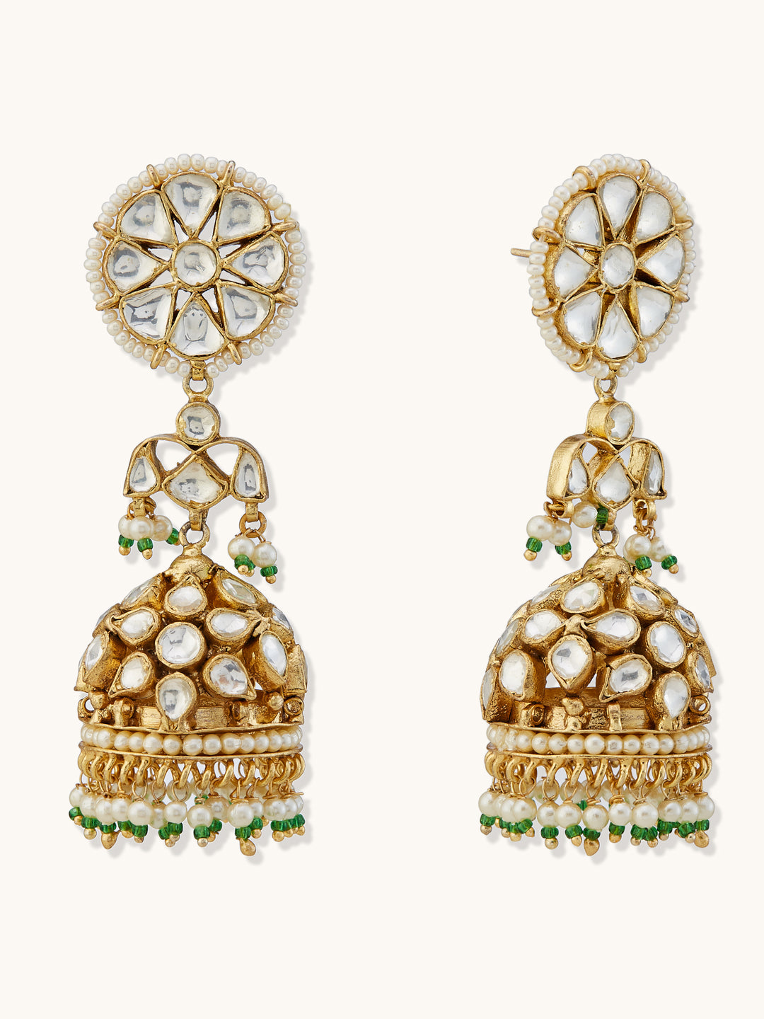 22K Gold-Plated Kundan Stone Studded & Pearl Beaded Dome Shaped Jhumkas